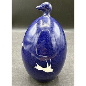 Vintage Blue Bird Topped Art Pottery Ceramic Figurine White Bird Design Signed
